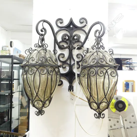 HAND BLOWN DOUBLE BRANCH GLASS & IRON METAL WALL LIGHT H350MM
