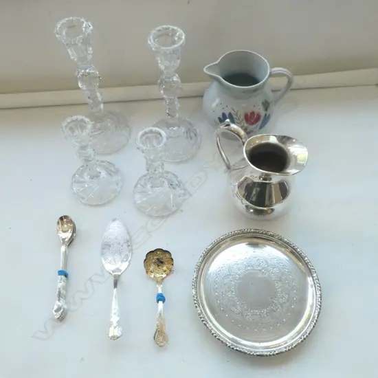 2 PRS CRYSTAL CANDLESTICKS H.260mm + SALVER, CUTLERY, 2 JUGS