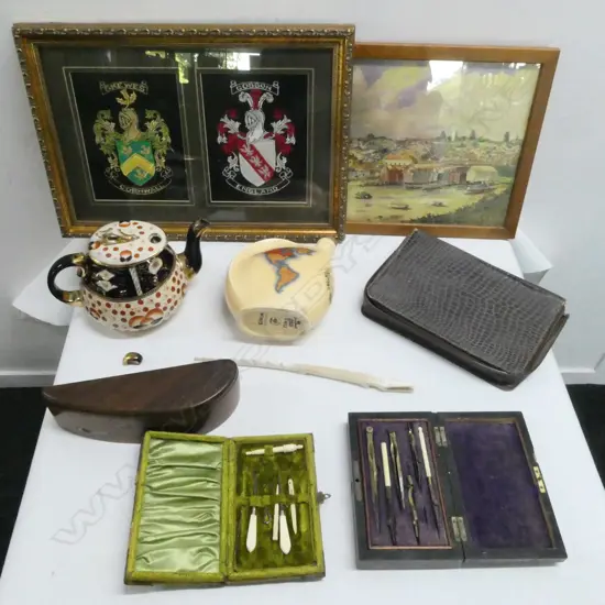 CASED IVORY NEEDLE WORK SET, CARVED IVORY CROC (FAULTS), LIDED WOODEN BOX, etc