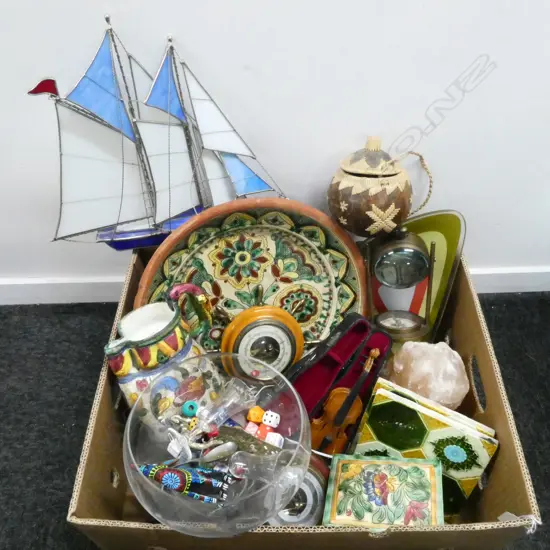 ASST. ITEMS; CERAMICS, NAUTICAL, STAINED GLASS YACHT ETC