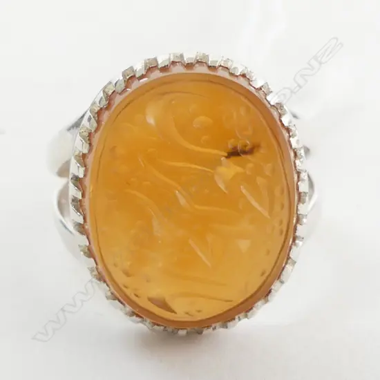 MIDDLE EASTERN HAND ENGRAVED NATURAL AGATE 925 RING SIZE N