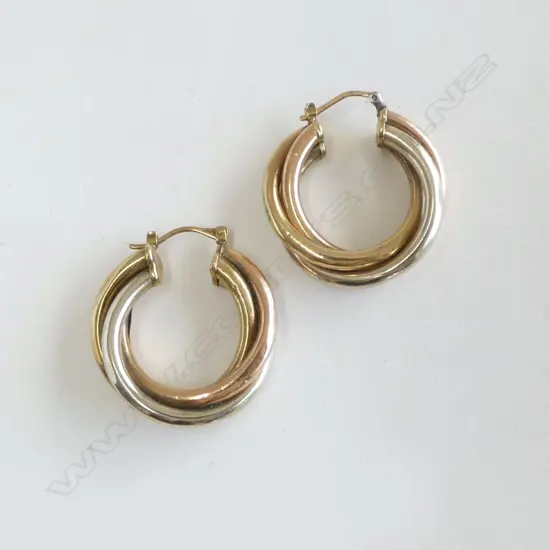 PR 9ct THREE COLOUR GOLD LGE HOOP EARRINGS 5gms (Some dents)