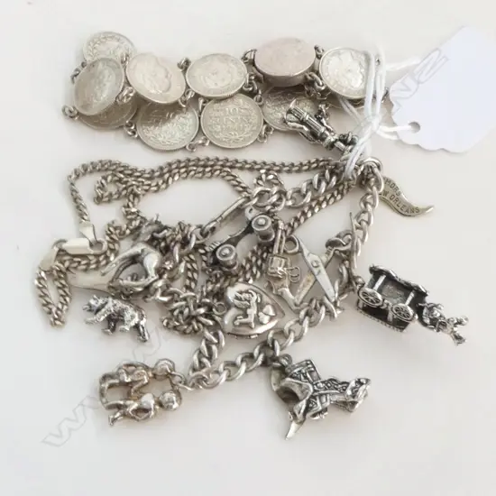 SILVER CHARM BRACELET + OLD SILVER COIN BRACELET + NECK NECK CHAIN