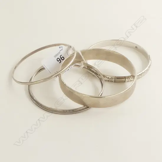 5 x SILVER BANGLES: includes 1 heavy NZ made. 113gms total