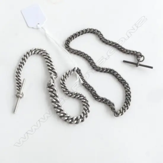 2 STG SILVER FOB CHAINS; BOTH CLASPS MISSING, 1 T-BAR 'IMITATION', 49.61 & 33.49gms