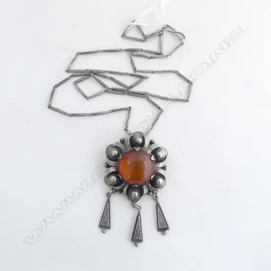 C.1940s SCANDINAVIAN STG & AMBER ? PENDANT NECKLACE