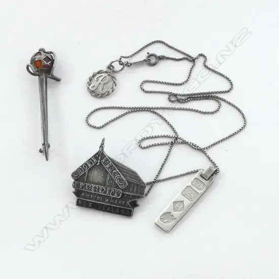 NZ MAORI WHARE BROOCH by Stratton - Birmingham + SILVER SCOTTISH SWORD BROOCH + SILVER INGOT PENDANT