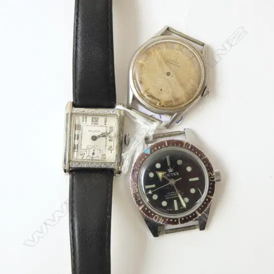 3 GENTS VINTAGE WRISTWATCHES: OMEGA SEAMASTER as is + BULOVA running + NOCTEX submariner type running