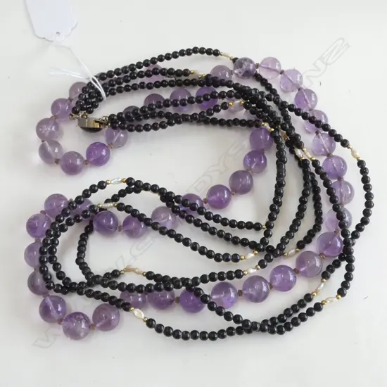 AMETHYST BEAD NECKLACE SILVER CLASP & PEARL AND BLACK BEAD NECKLACE