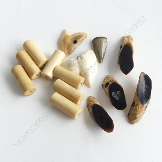 BAG OF SHARK'S TEETH + IVORY CYLINDER BEADS + BLACK BEADS 