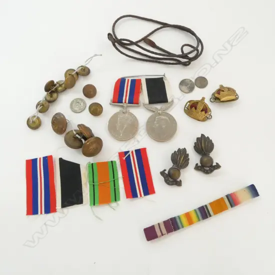 PR WWII SERVICE MEDALS + BUTTONS + BADGES + RIBBONS ETC. box labelled buttons of Major William Golden 1914-1918 War ....