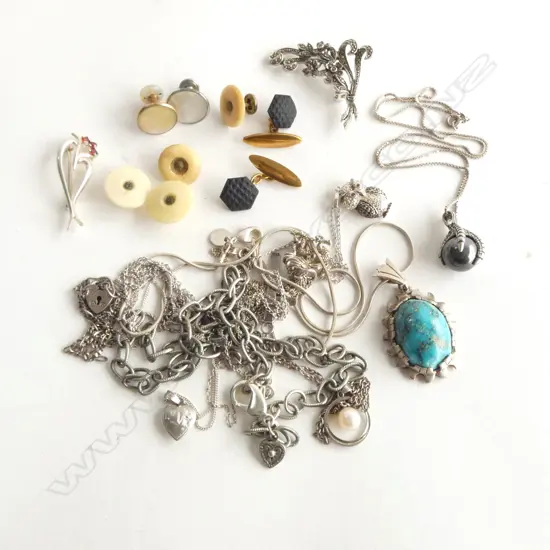 8 SILVER NECKLACES + BRACELET & 2 BROOCHES + STUDS