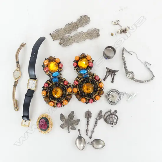 ASST. STG JEWELLERY, 3 WATCHES, PR LG COSTUME EARRINGS signed Tracey Collins ETC