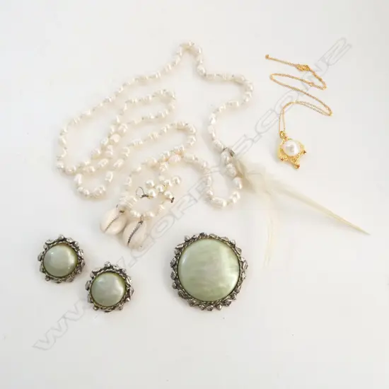 2 NECKLACES; PEARL & SILVER GILT, BROOCH & EARRINGS