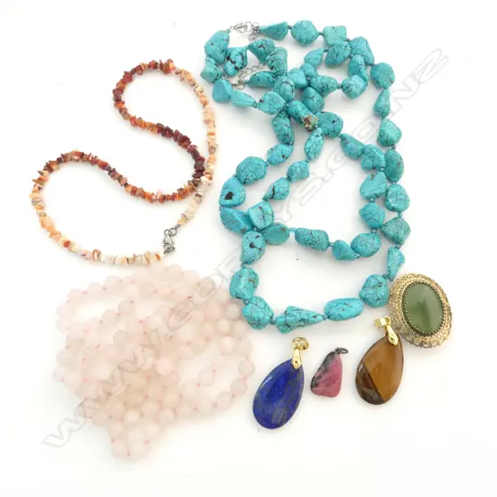 ASST COSTUME GEMSTONE NECKLACES w. 1 TIGERS EYE PENDANT & GREENSTONE? BROOCH