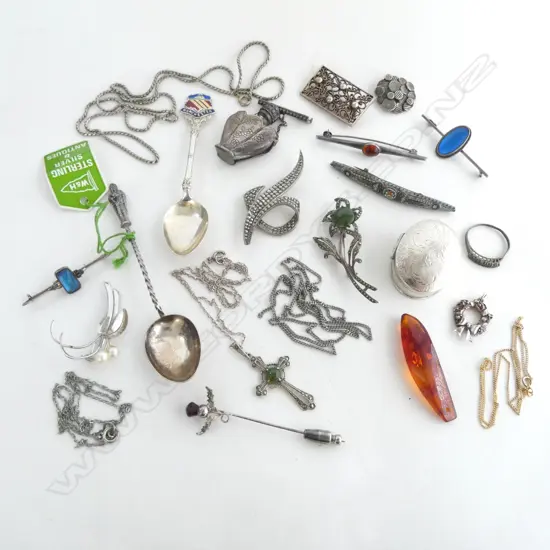 mainly SILVER JEWELLERY ETC. snuff type box. marcasite brooches. spoons. perfume etc