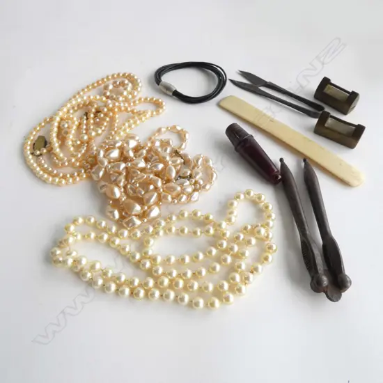 BAG OF TREASURE: costume pearl necklaces + bone letter knife + old Japanese scissors etc