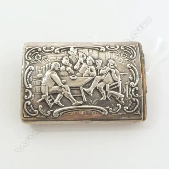 Continental silver embossed VESTA. Tavern scene. plated sliding section. striker to end L.64mm SLIGHT DAMAGE TO STRIKER