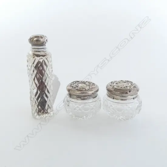 3 EDWARDIAN EMBOSSED SILVER SMALL vanity bottles/jars (pair + 1)