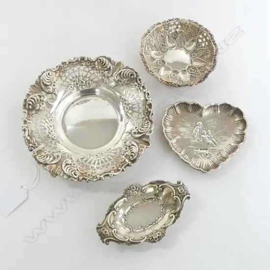 4 FANCY EARLY 20thC SILVER DISHES 132gms cherubs fishing etc