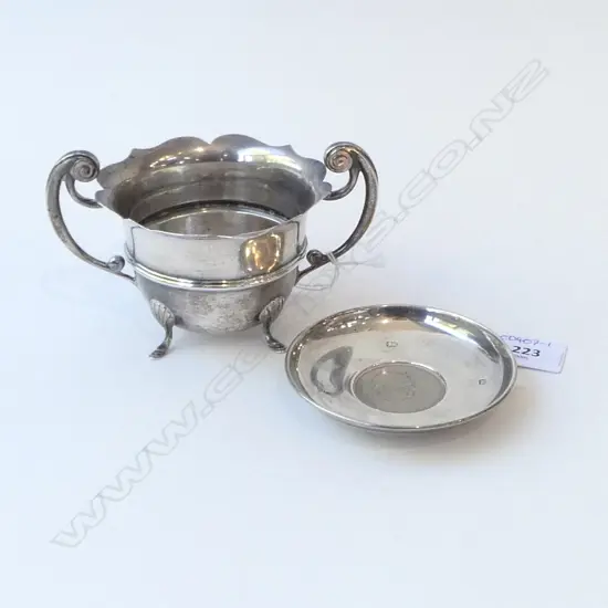 STG SILVER SUGAR BOWL, BIRMINGHAM 1902, 143gms & STG SILVER RIMMED 1965 CHURCHHILL MEDALLION DISH