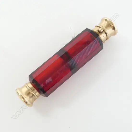 VICTORIAN MORDAN & CO. SILVER GILT & facetted ruby glass scent bottle dble ended L.120mm