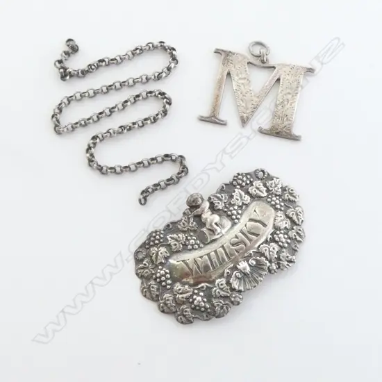 2 GEORGE IV SILVER BOTTLE TICKETS: Whisky L.1826 + M for madeira B.1827 by Joseph Willmore 