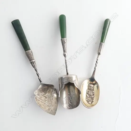 3 EARLY 20thC SILVER & POUNAMU PIECES: 2 SPOONS 1 W TIKI + SUGAR SCOOP engraved