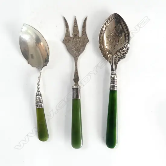 3 EARLY 20thC SILVER & POUNAMU PIECES: 2 preserve SPOONS + ORNATE FORK w Maori engraved face. Ea marked Sterling