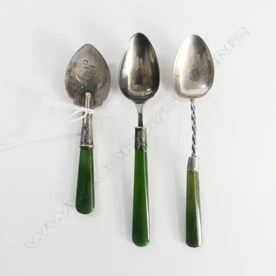 3 EARLY 20thC SILVER & POUNAMU TEASPOONS: 2 engraved NZ 1 Roturua