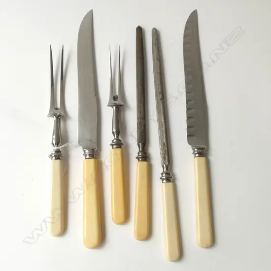 TWO 3PC ‘BONE’ HANDLE CARVING SETS – 2 KNIVES, 2 FORKS, 2 STEELS