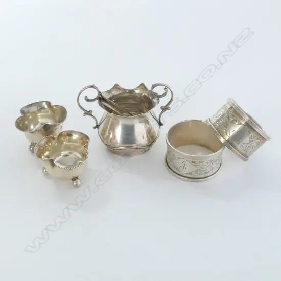 7 HALLMARKED SILVER SMALL PCES: 3 salts + 2 spoons + 2 napkin rings 108gms 