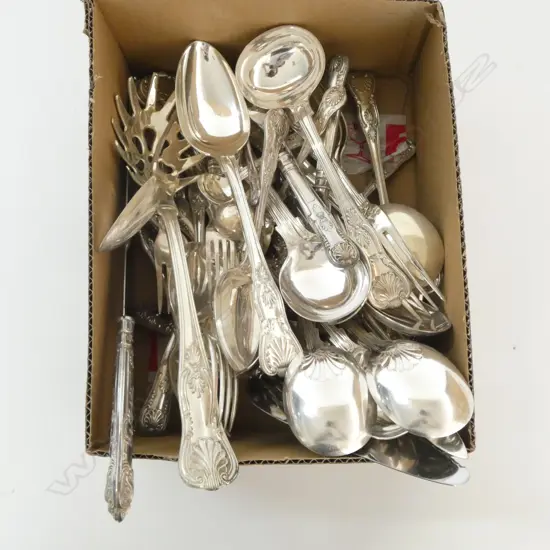 ASST. STG SILVER & EP KINGS PATTERN DOUBLE STRUCK CUTLERY w. SHELL HEEL