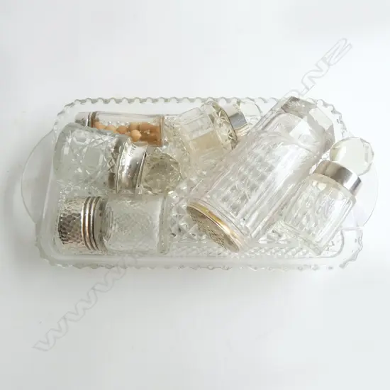 6 STG SILVER & CRYSTAL VANITY JARS & TRAY BIRMINGHAM 1906 ETC (SOME A/F)