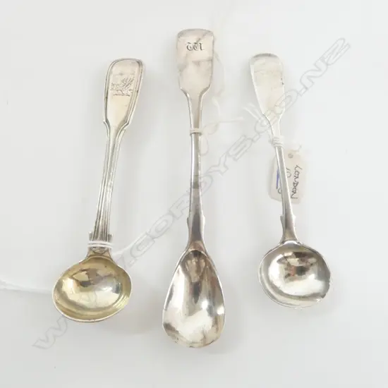 3 x 19thC SILVER SPOONS: 2 SALT SPOONS L.1853 + 1845 +MUSTARD SPOON EXETER 1828. 53gms