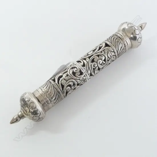 EGYPTIAN SILVER EMBOSSED & PIERCED PRAYER SCROLL HOLDER L.200mm