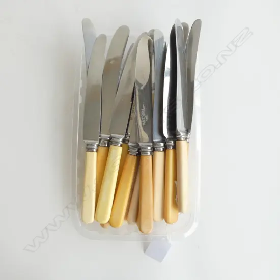 16 VINTAGE ‘BONE’ HANDLE DINNER KNIVES ASSTD. SHEFFIELD