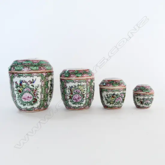 4 C1900 CHINESE FAMILLE ROSE GRADUATED LIDDED BOXES. Tallest H.116mm.