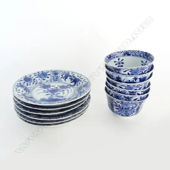 6 CHINESE B/W CUPS/S 140mm dia (one cup repaired and other frits to many)