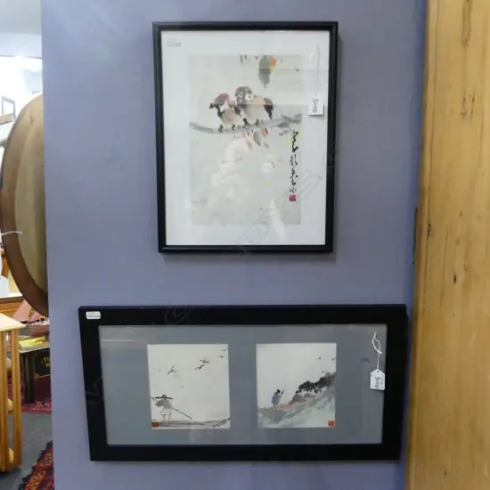 TWO FRAMED CHA SHAU'ANG attributed watercolours: 1 x TWO BIRDS 270 X 185mm + 2 works in 1 frame of a farmer