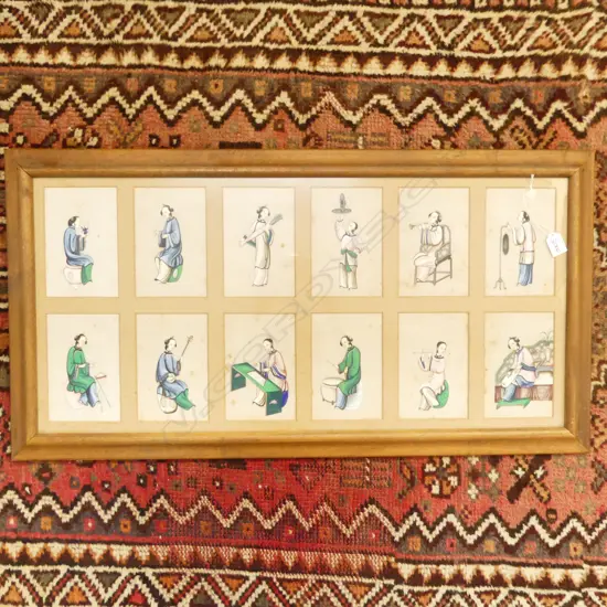 12 HAND-PAINTED CHINESE PICTURE PANELS ON PITH PAPER, MUSICIANS, (SOME FOXING), 380 x 810mm