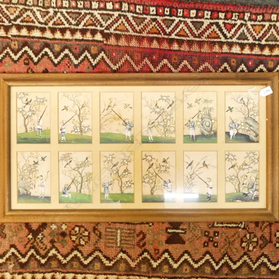 12 HAND-PAINTED CHINESE PICTURE PANELS ON PITH PAPER, HUNTING SCENES (SOME FOXING), 815 x 390mm