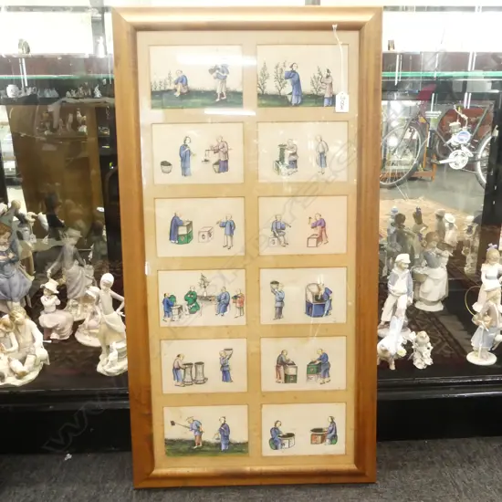 12 HAND-PAINTED CHINESE PICTURE PANELS ON PITH PAPER, DOMESTIC & FARMING SCENES (SOME FOXING), 820 x 390mm