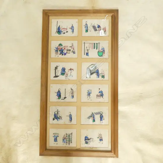 12 HAND-PAINTED CHINESE PICTURE PANELS ON PITH PAPER, WEAVING & DYING GARMENTS, 810 x 380mm