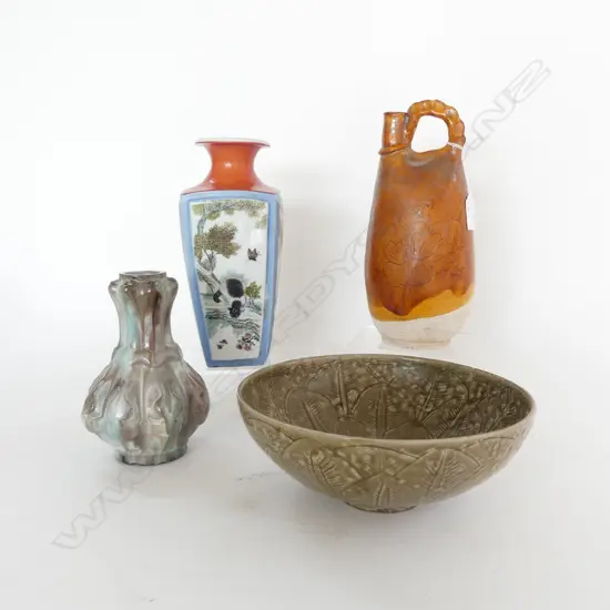 3 ORIENTAL VASES H.255mm + YAOZHOU WARE BOWL 225mm dia repaired