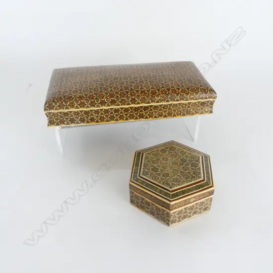 2 KHATAM INLAID TRINKET BOXES; 1 wooden interior, other full micro mosaic & camel bone interior. W.205mm