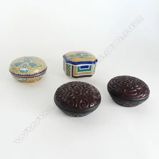 2 BLACK CINNABAR STYLE TRINKET BOXES W.80mm w. CLOISONNE & CHINA TRINKET BOXES