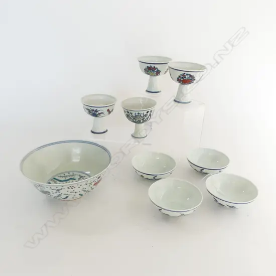 4 CHINESE CERAMIC GOBLETS, CHINESE BOWL & 4 SML. BOWLS