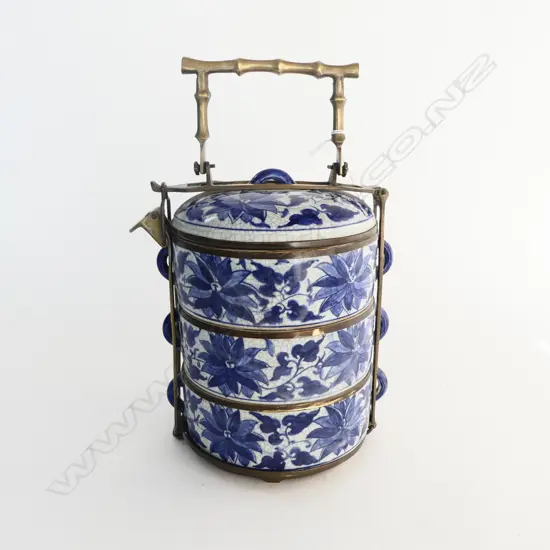 BRASS BOUND B/W CRACKLE GLAZE 3 TIER ORIENTAL LUNCH BOX H.230mm