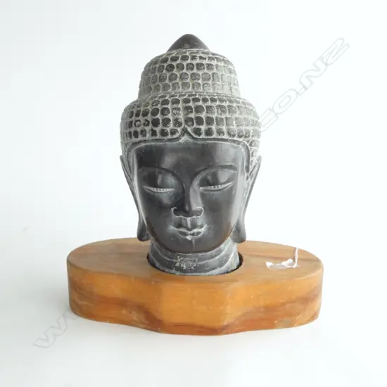 VINTAGE STONE BUDDHA HEAD ON WOODEN STAND H.350mm (including stand)